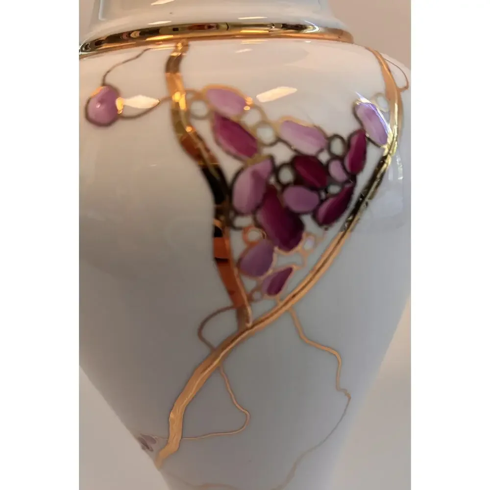 Vintage JIESIA Fine Bone China Lithuania Artist Signed Hand Painted Gold Vase